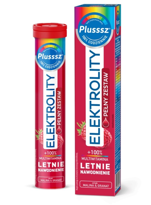 Plusssz Elektrolity + 100% Multiwitamina Malina & Granat 24 Tabletki Musujące